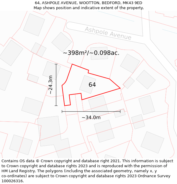 64, ASHPOLE AVENUE, WOOTTON, BEDFORD, MK43 9ED: Plot and title map