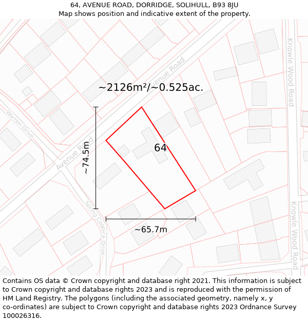 64, AVENUE ROAD, DORRIDGE, SOLIHULL, B93 8JU: Plot and title map