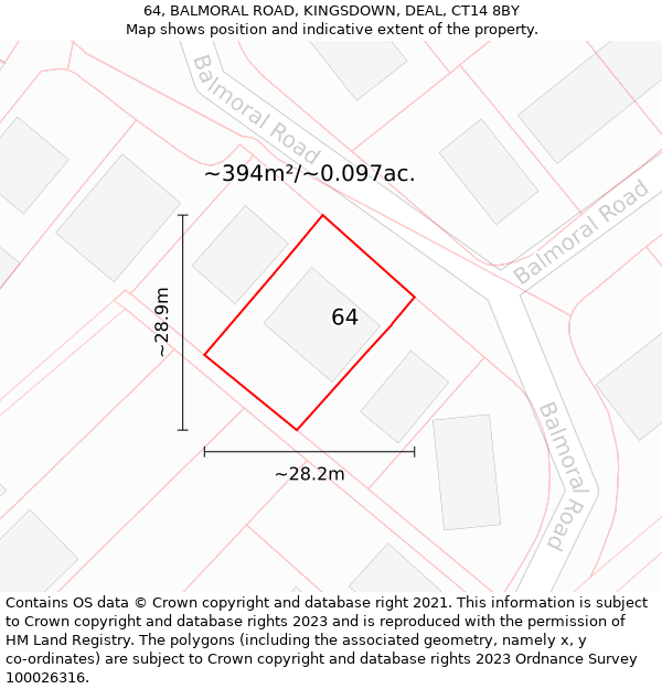 64, BALMORAL ROAD, KINGSDOWN, DEAL, CT14 8BY: Plot and title map