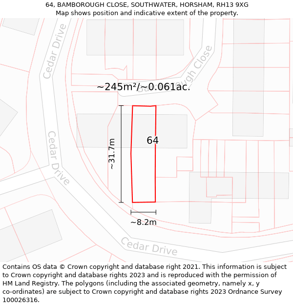 64, BAMBOROUGH CLOSE, SOUTHWATER, HORSHAM, RH13 9XG: Plot and title map