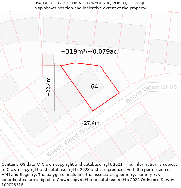 64, BEECH WOOD DRIVE, TONYREFAIL, PORTH, CF39 8JL: Plot and title map