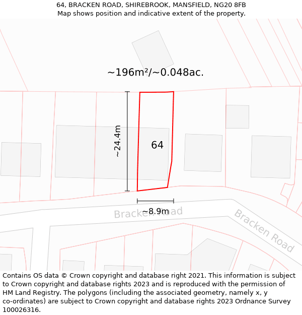 64, BRACKEN ROAD, SHIREBROOK, MANSFIELD, NG20 8FB: Plot and title map