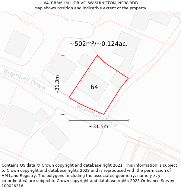 64, BRAMHALL DRIVE, WASHINGTON, NE38 9DB: Plot and title map