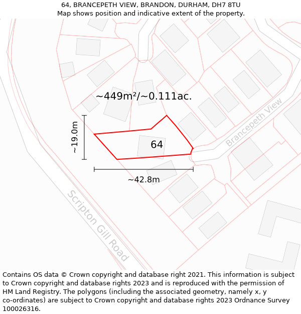 64, BRANCEPETH VIEW, BRANDON, DURHAM, DH7 8TU: Plot and title map