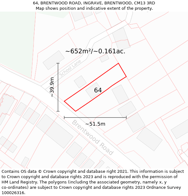 64, BRENTWOOD ROAD, INGRAVE, BRENTWOOD, CM13 3RD: Plot and title map