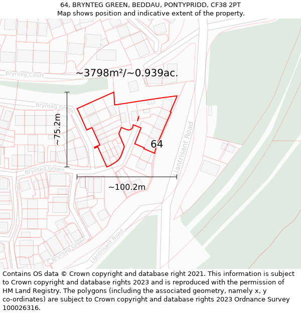 64, BRYNTEG GREEN, BEDDAU, PONTYPRIDD, CF38 2PT: Plot and title map