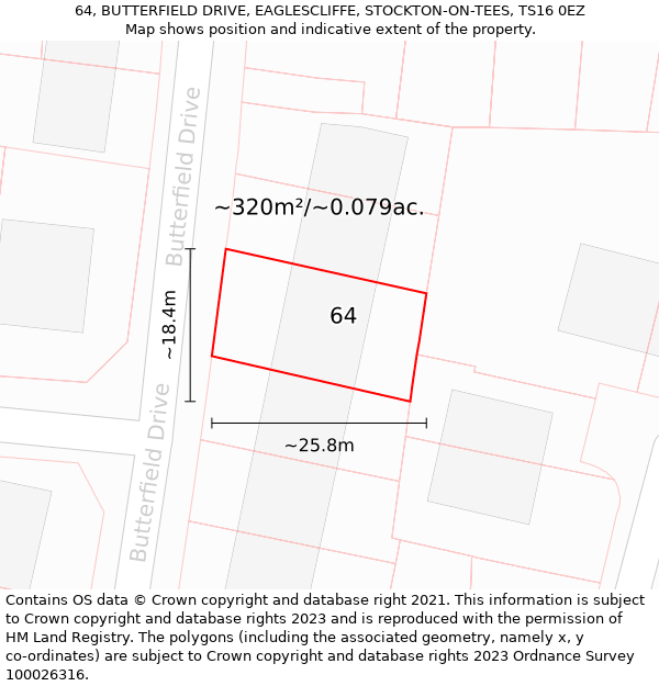 64, BUTTERFIELD DRIVE, EAGLESCLIFFE, STOCKTON-ON-TEES, TS16 0EZ: Plot and title map