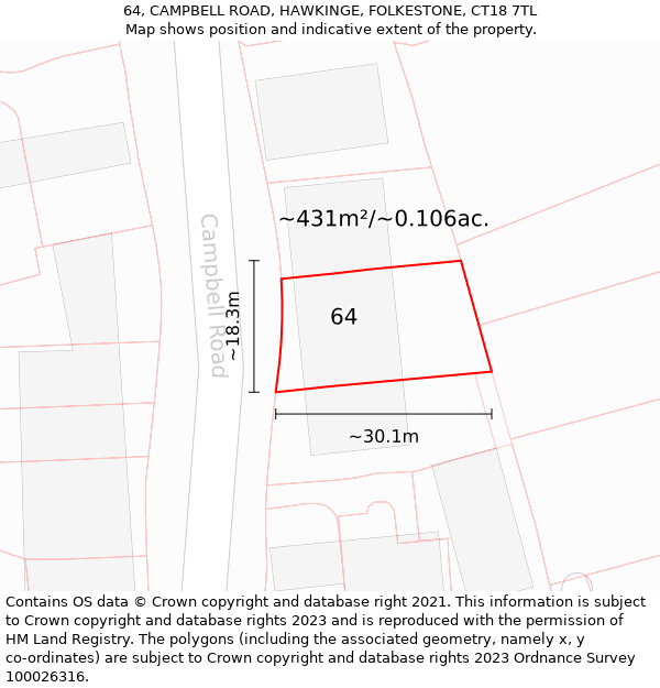 64, CAMPBELL ROAD, HAWKINGE, FOLKESTONE, CT18 7TL: Plot and title map