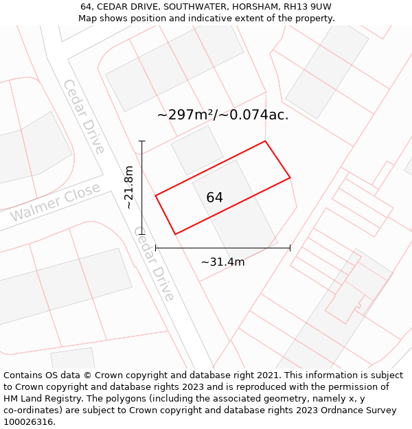 64, CEDAR DRIVE, SOUTHWATER, HORSHAM, RH13 9UW: Plot and title map