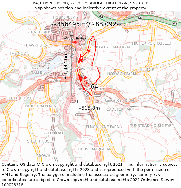 64, CHAPEL ROAD, WHALEY BRIDGE, HIGH PEAK, SK23 7LB: Plot and title map