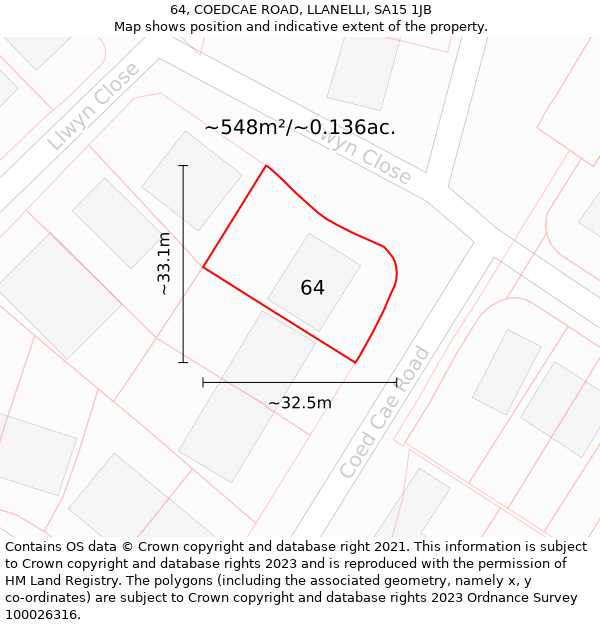 64, COEDCAE ROAD, LLANELLI, SA15 1JB: Plot and title map