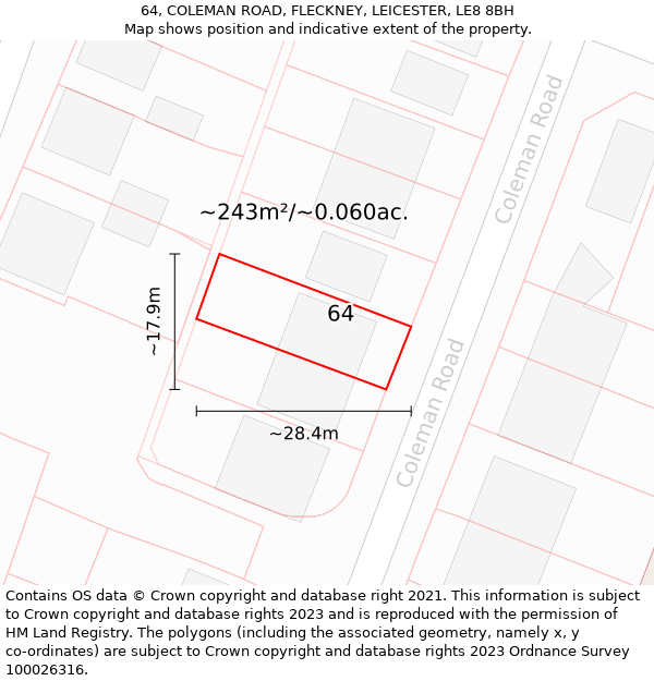 64, COLEMAN ROAD, FLECKNEY, LEICESTER, LE8 8BH: Plot and title map