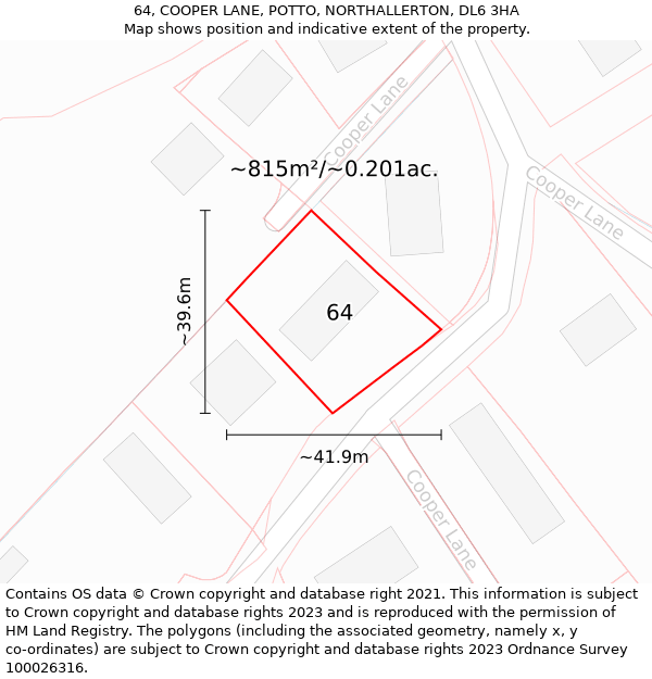 64, COOPER LANE, POTTO, NORTHALLERTON, DL6 3HA: Plot and title map