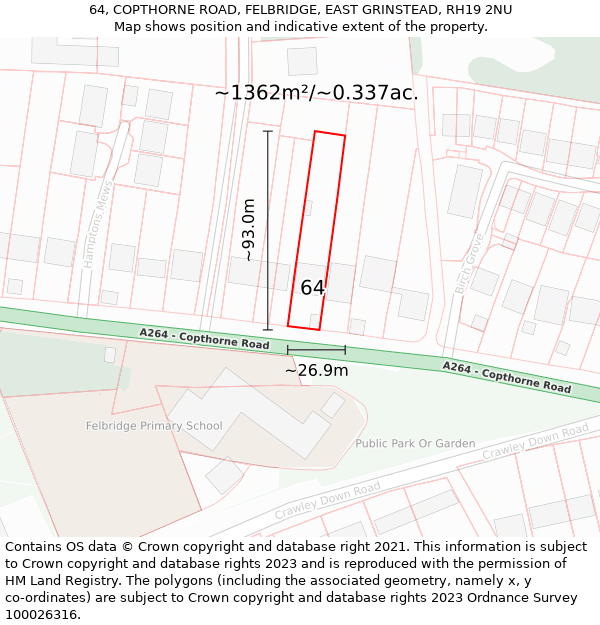 64, COPTHORNE ROAD, FELBRIDGE, EAST GRINSTEAD, RH19 2NU: Plot and title map