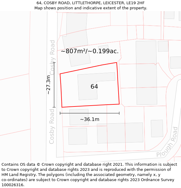 64, COSBY ROAD, LITTLETHORPE, LEICESTER, LE19 2HF: Plot and title map