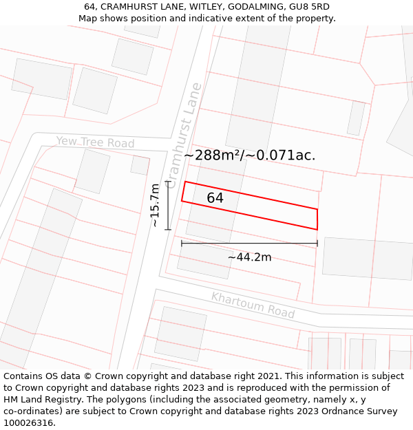 64, CRAMHURST LANE, WITLEY, GODALMING, GU8 5RD: Plot and title map