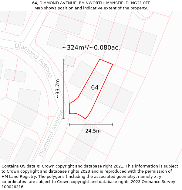 64, DIAMOND AVENUE, RAINWORTH, MANSFIELD, NG21 0FF: Plot and title map