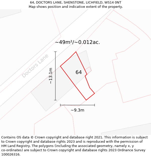 64, DOCTORS LANE, SHENSTONE, LICHFIELD, WS14 0NT: Plot and title map