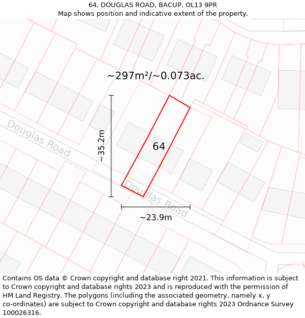 64, DOUGLAS ROAD, BACUP, OL13 9PR: Plot and title map