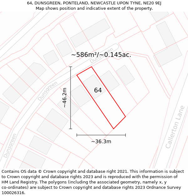 64, DUNSGREEN, PONTELAND, NEWCASTLE UPON TYNE, NE20 9EJ: Plot and title map