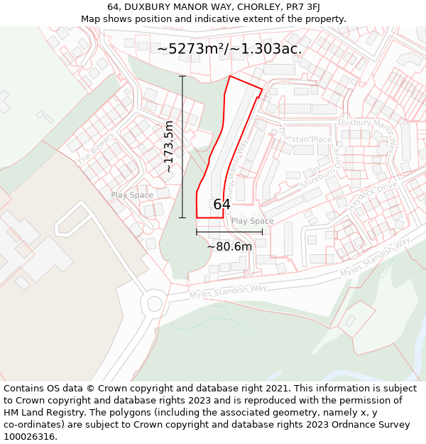 64, DUXBURY MANOR WAY, CHORLEY, PR7 3FJ: Plot and title map