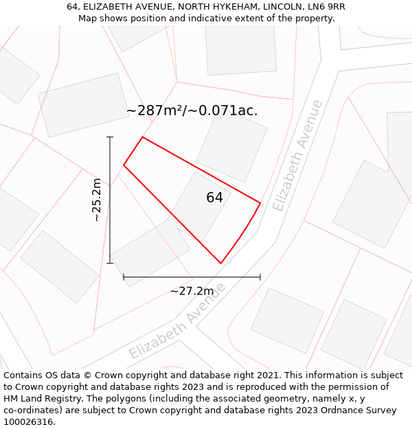 64, ELIZABETH AVENUE, NORTH HYKEHAM, LINCOLN, LN6 9RR: Plot and title map