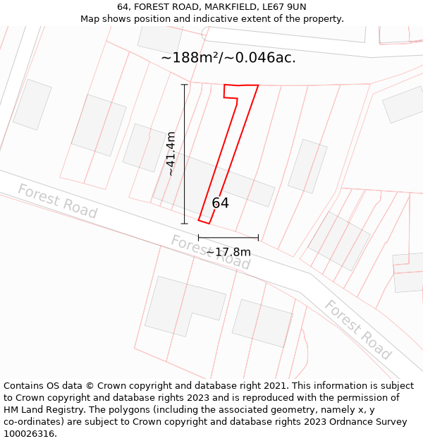 64, FOREST ROAD, MARKFIELD, LE67 9UN: Plot and title map