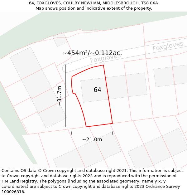 64, FOXGLOVES, COULBY NEWHAM, MIDDLESBROUGH, TS8 0XA: Plot and title map