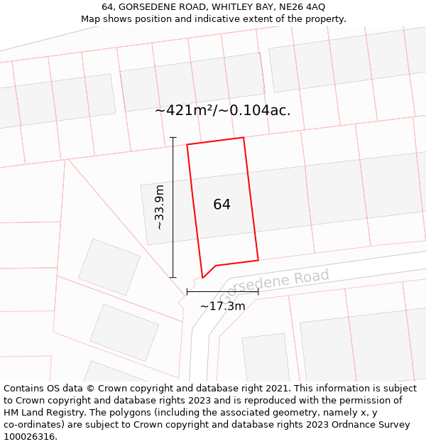 64, GORSEDENE ROAD, WHITLEY BAY, NE26 4AQ: Plot and title map