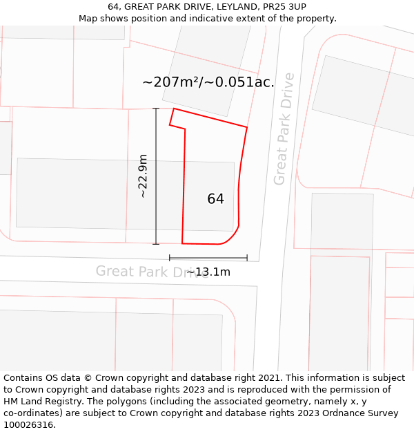 64, GREAT PARK DRIVE, LEYLAND, PR25 3UP: Plot and title map