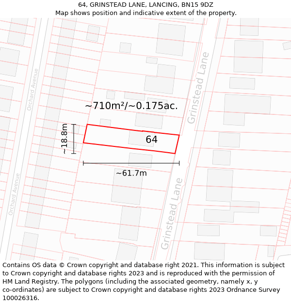 64, GRINSTEAD LANE, LANCING, BN15 9DZ: Plot and title map