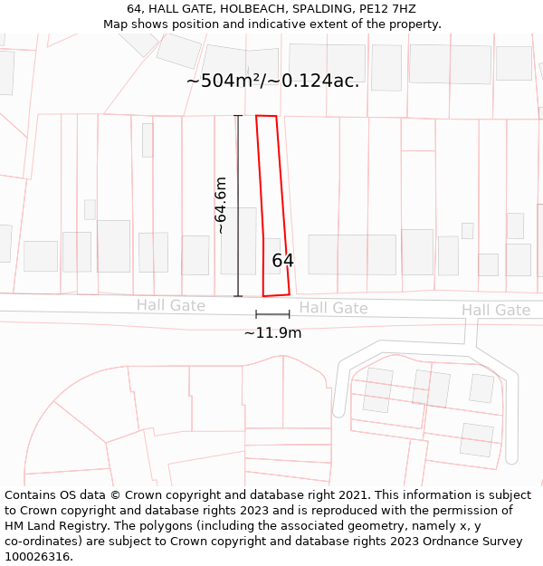 64, HALL GATE, HOLBEACH, SPALDING, PE12 7HZ: Plot and title map