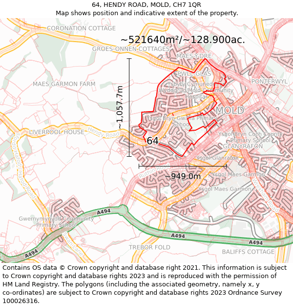 64, HENDY ROAD, MOLD, CH7 1QR: Plot and title map