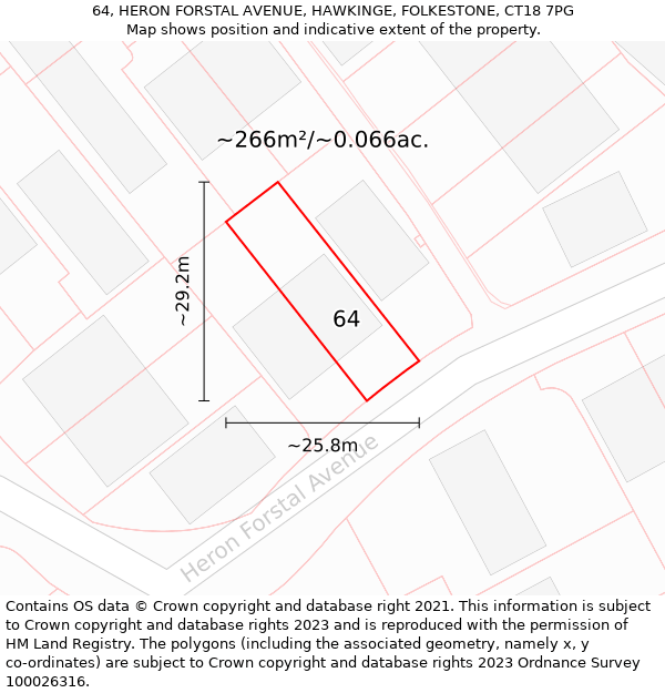 64, HERON FORSTAL AVENUE, HAWKINGE, FOLKESTONE, CT18 7PG: Plot and title map