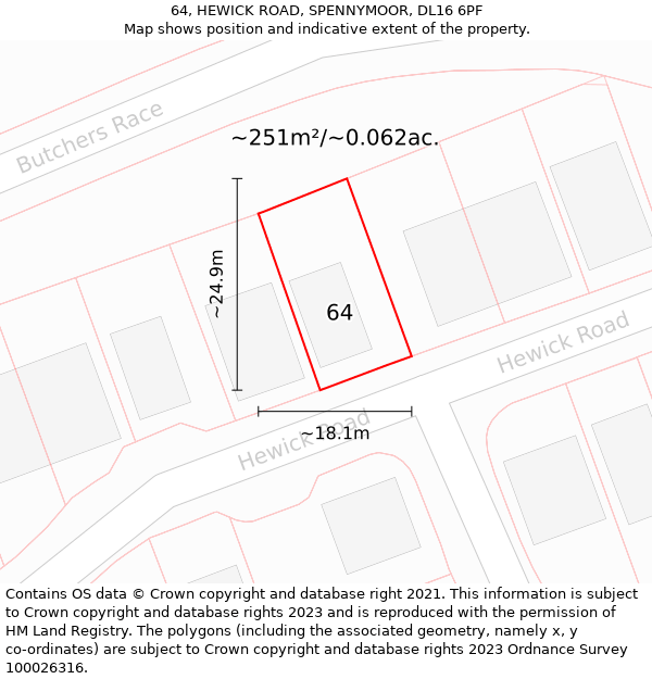 64, HEWICK ROAD, SPENNYMOOR, DL16 6PF: Plot and title map