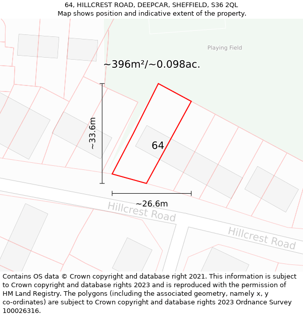 64, HILLCREST ROAD, DEEPCAR, SHEFFIELD, S36 2QL: Plot and title map