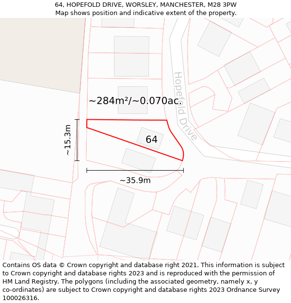 64, HOPEFOLD DRIVE, WORSLEY, MANCHESTER, M28 3PW: Plot and title map