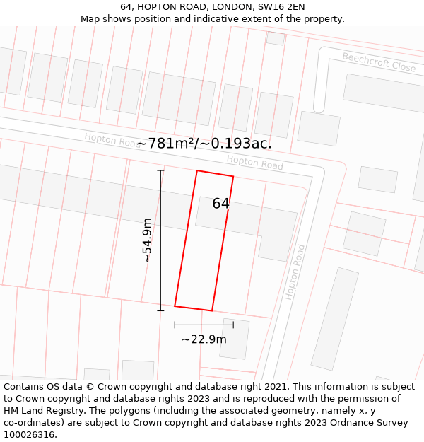 64, HOPTON ROAD, LONDON, SW16 2EN: Plot and title map