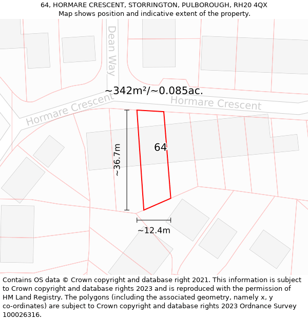 64, HORMARE CRESCENT, STORRINGTON, PULBOROUGH, RH20 4QX: Plot and title map