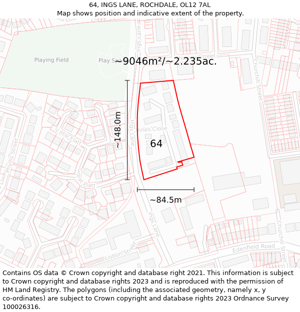 64, INGS LANE, ROCHDALE, OL12 7AL: Plot and title map