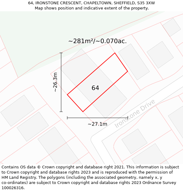 64, IRONSTONE CRESCENT, CHAPELTOWN, SHEFFIELD, S35 3XW: Plot and title map