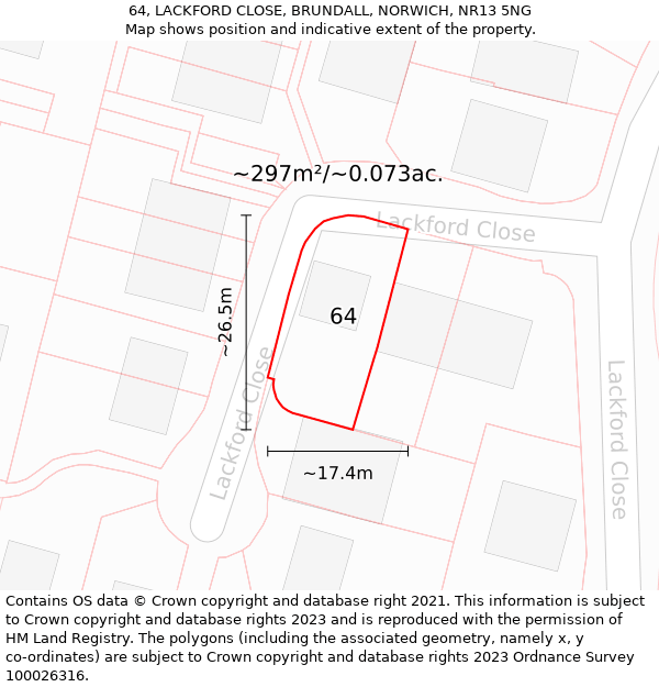 64, LACKFORD CLOSE, BRUNDALL, NORWICH, NR13 5NG: Plot and title map