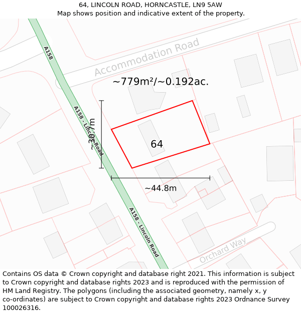 64, LINCOLN ROAD, HORNCASTLE, LN9 5AW: Plot and title map