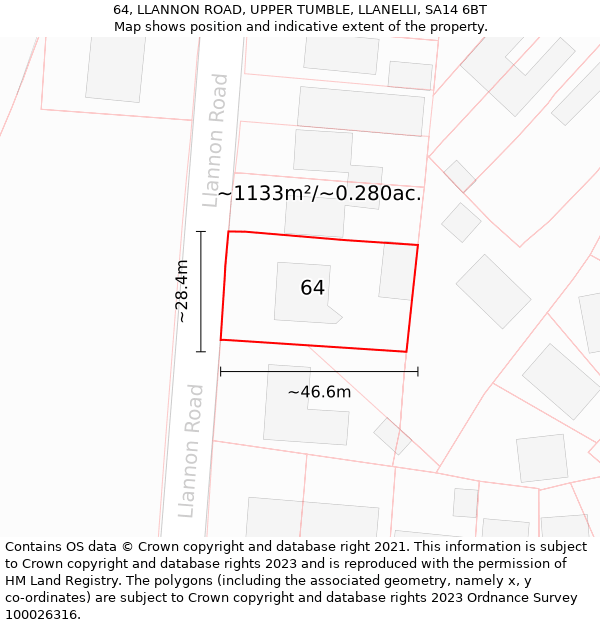 64, LLANNON ROAD, UPPER TUMBLE, LLANELLI, SA14 6BT: Plot and title map