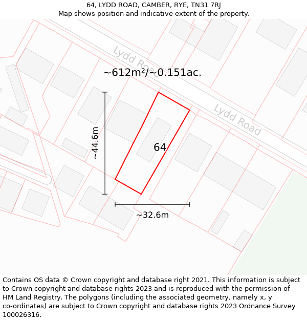 64, LYDD ROAD, CAMBER, RYE, TN31 7RJ: Plot and title map