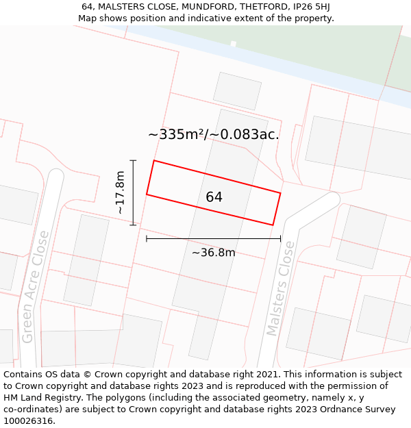 64, MALSTERS CLOSE, MUNDFORD, THETFORD, IP26 5HJ: Plot and title map