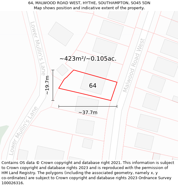 64, MALWOOD ROAD WEST, HYTHE, SOUTHAMPTON, SO45 5DN: Plot and title map