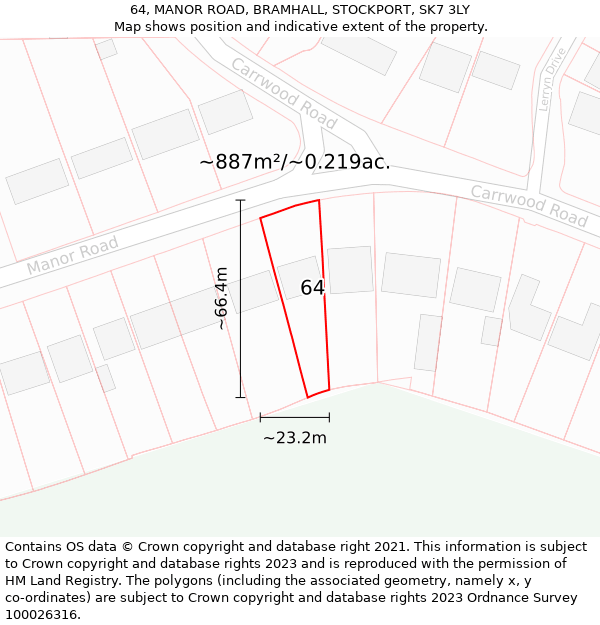 64, MANOR ROAD, BRAMHALL, STOCKPORT, SK7 3LY: Plot and title map