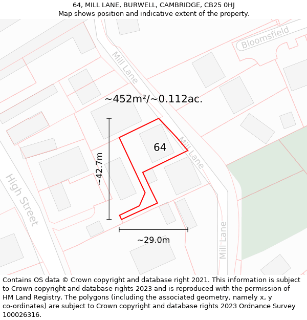 64, MILL LANE, BURWELL, CAMBRIDGE, CB25 0HJ: Plot and title map