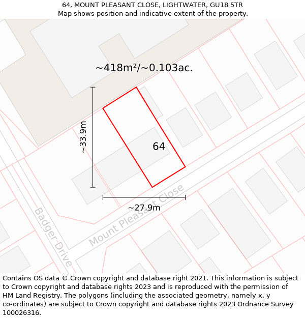 64, MOUNT PLEASANT CLOSE, LIGHTWATER, GU18 5TR: Plot and title map